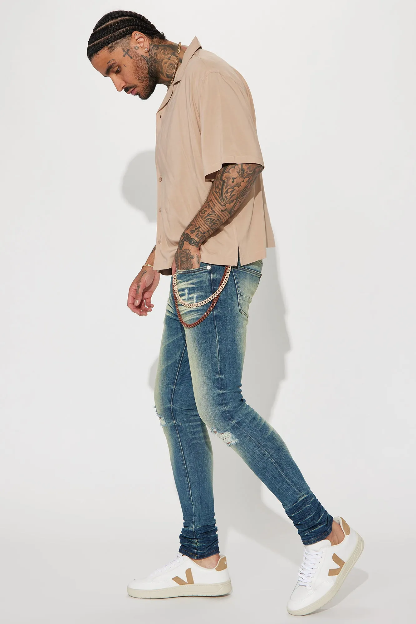 Be There Ripped Stacked Skinny Jeans - Vintage Blue Wash
