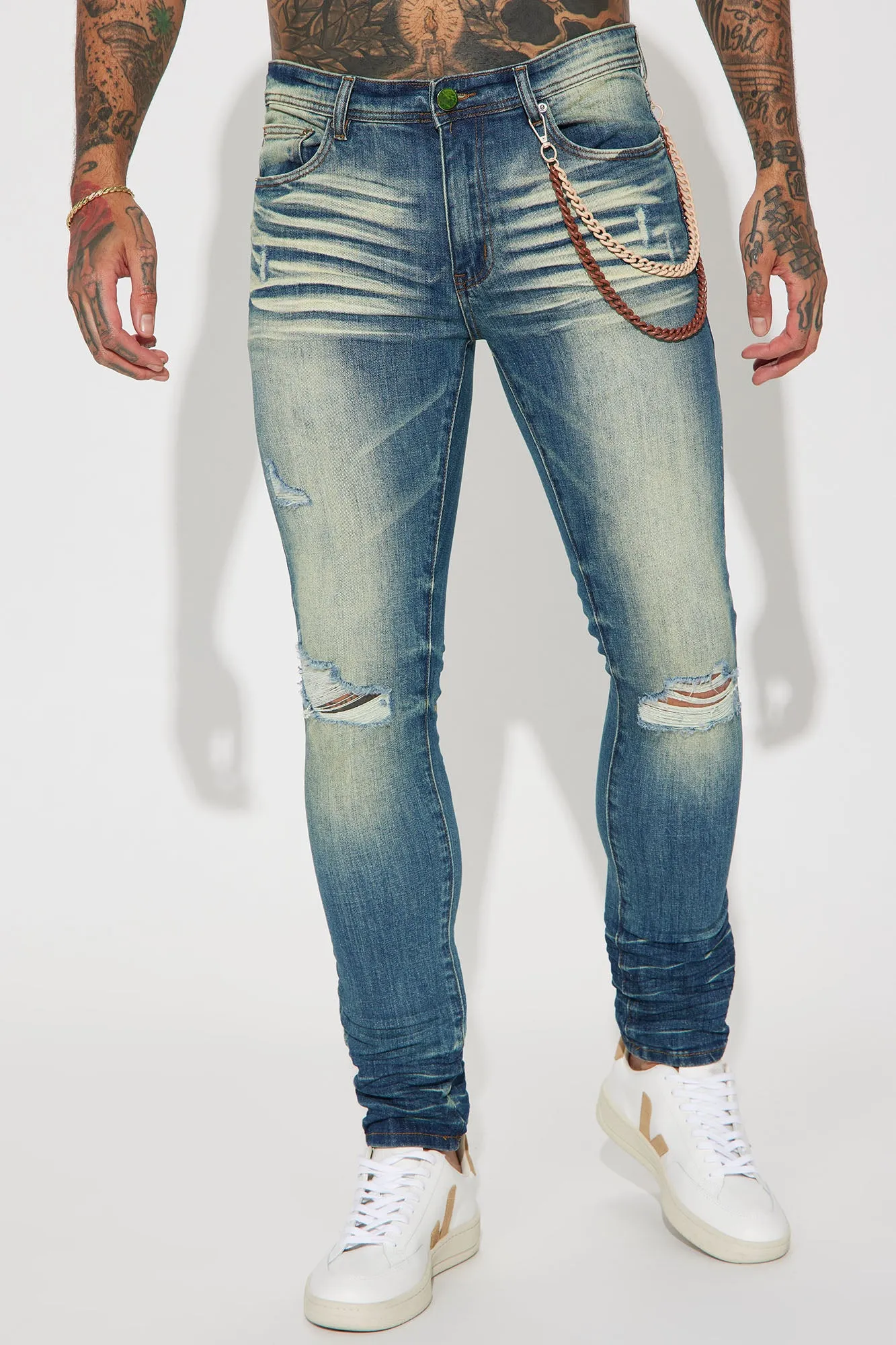 Be There Ripped Stacked Skinny Jeans - Vintage Blue Wash