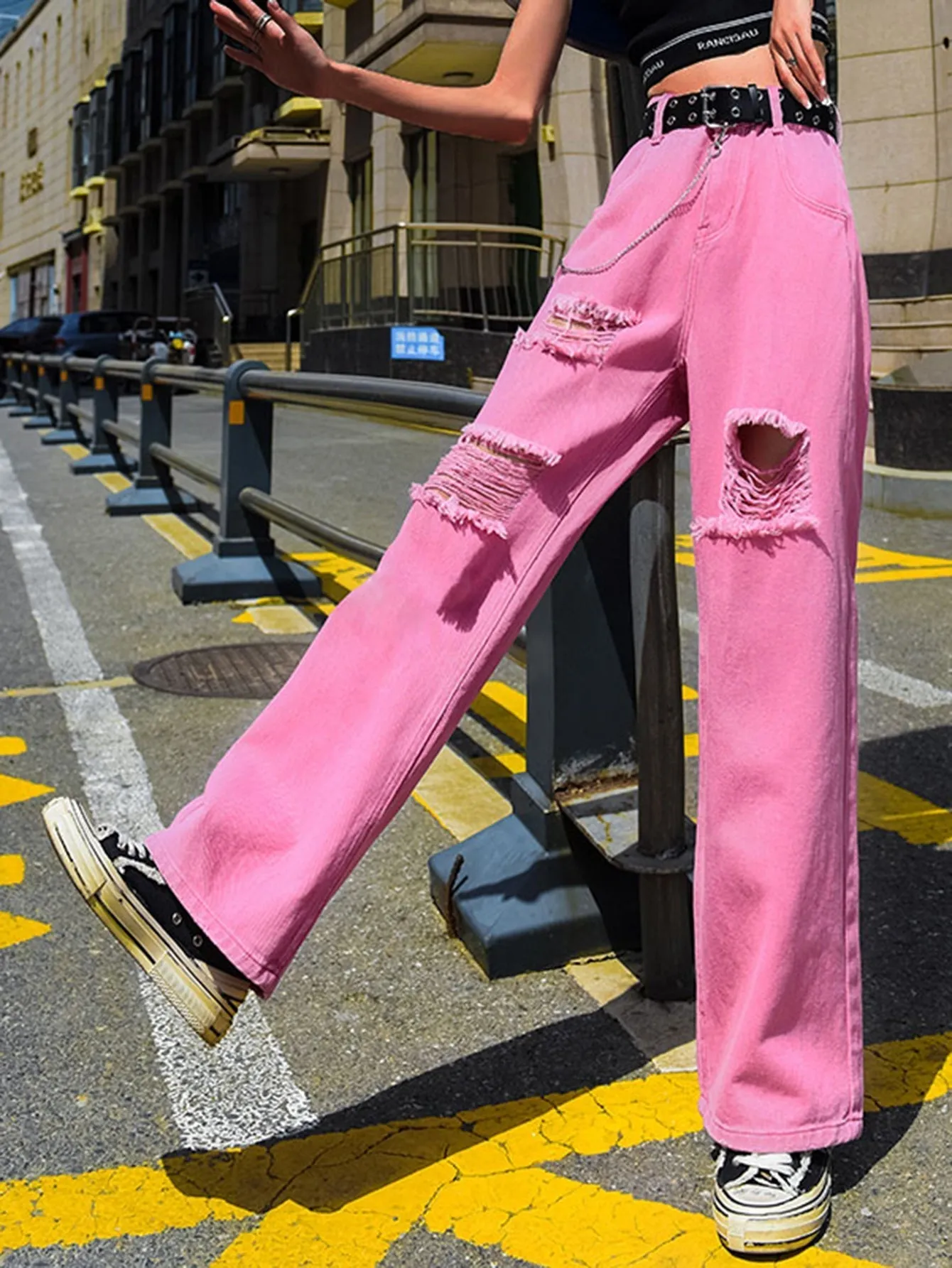 KittenAlarm - Women's plain color ripped jeans loose skinny high waist straight leg trousers