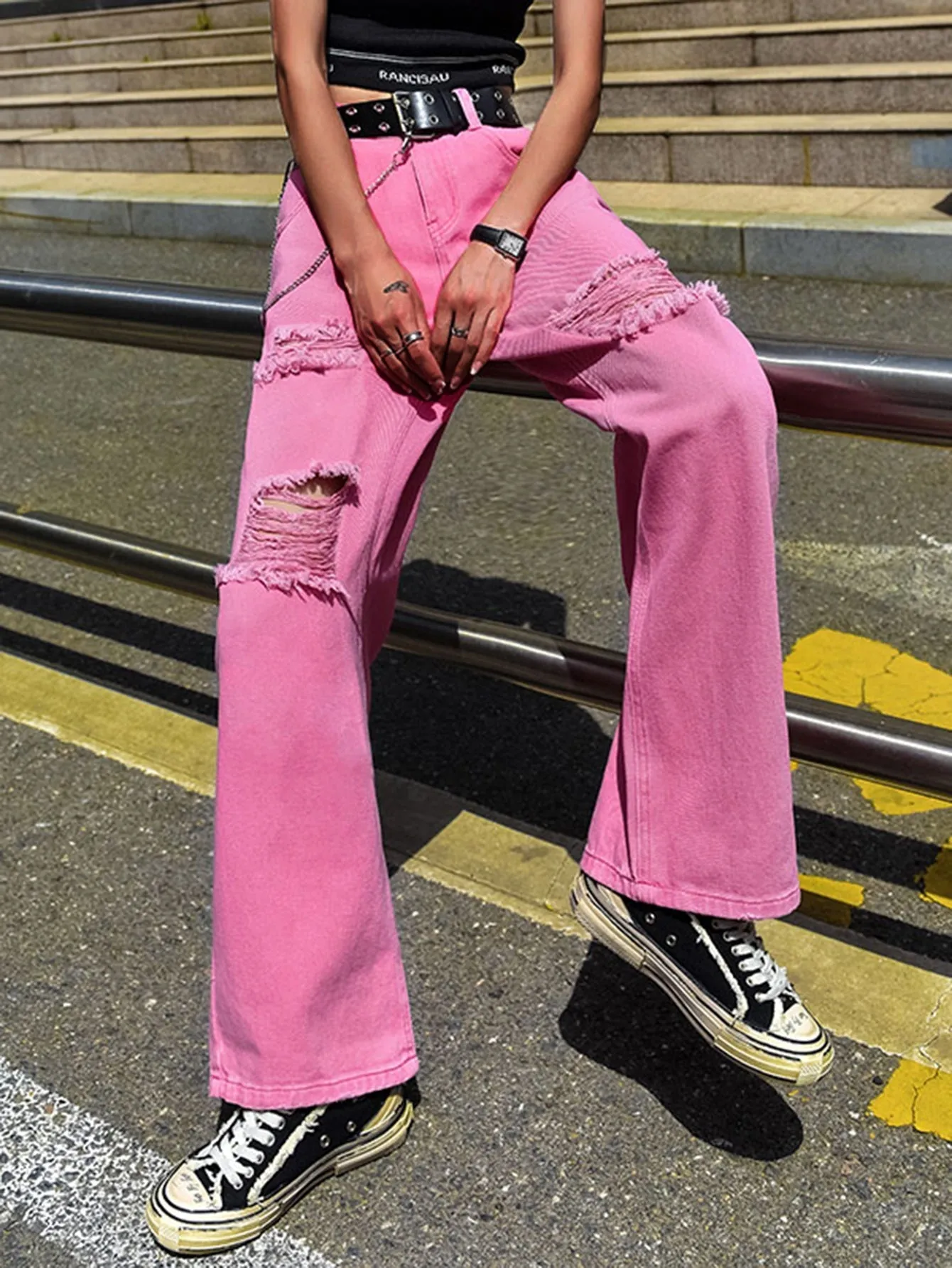 KittenAlarm - Women's plain color ripped jeans loose skinny high waist straight leg trousers