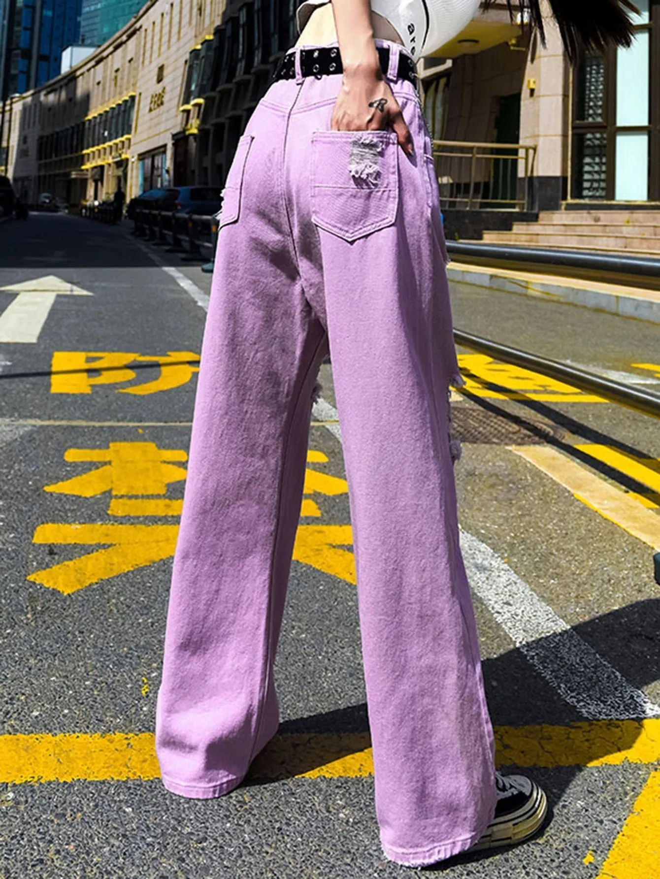 KittenAlarm - Women's plain color ripped jeans loose skinny high waist straight leg trousers