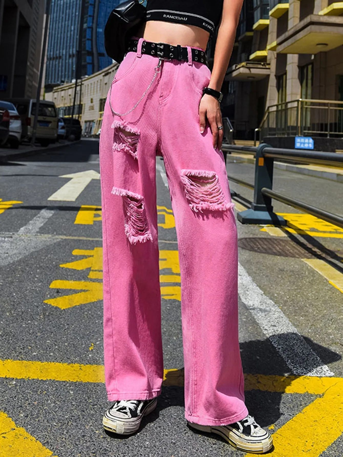 KittenAlarm - Women's plain color ripped jeans loose skinny high waist straight leg trousers
