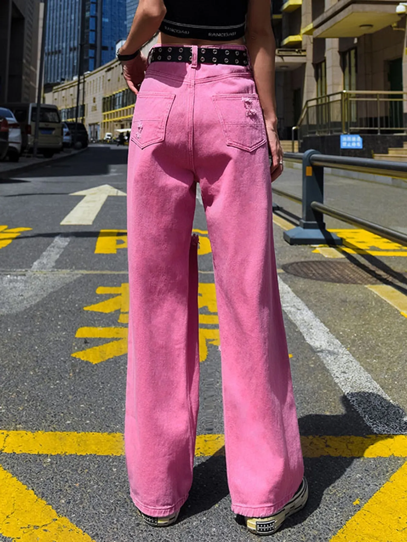 KittenAlarm - Women's plain color ripped jeans loose skinny high waist straight leg trousers