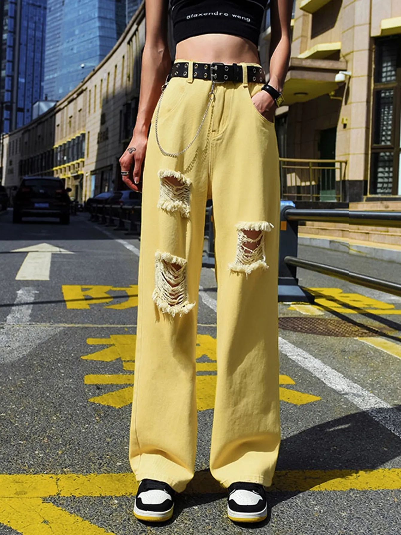 KittenAlarm - Women's plain color ripped jeans loose skinny high waist straight leg trousers
