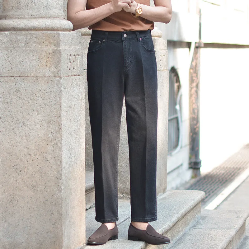 Mens Casual High-waisted Retro Straight-leg Slim Jeans