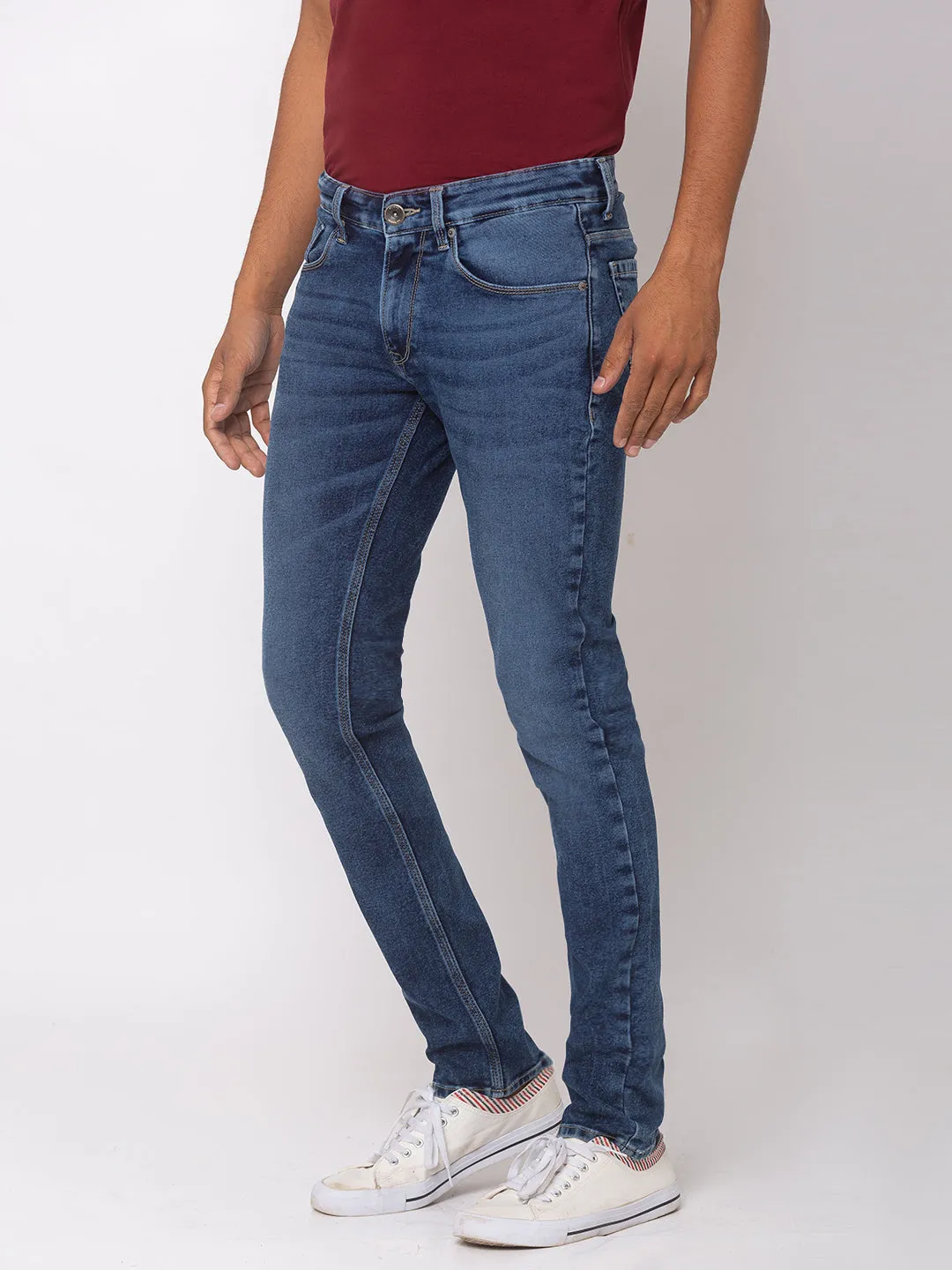 Spykar Mid Blue Cotton Skinny Fit Jeans For Men (Skinny)